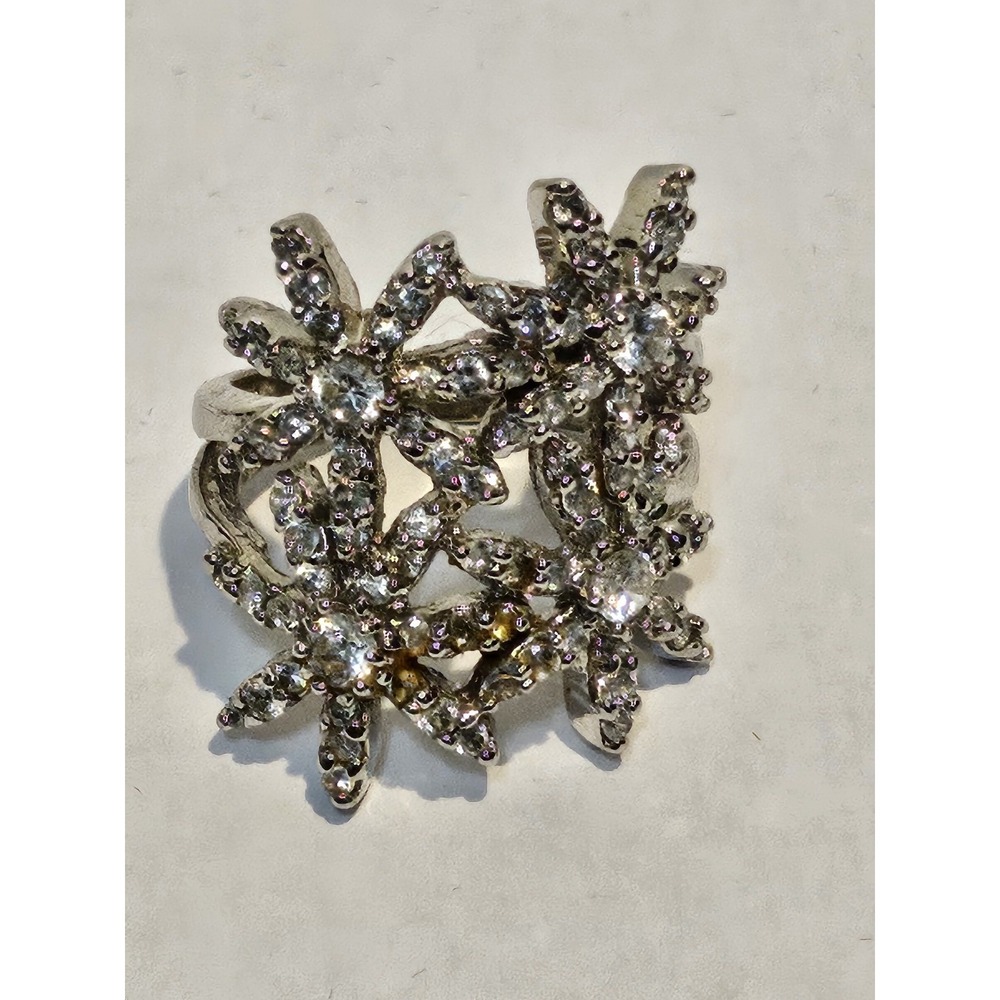 Vintage 925 Sterling Silver Cubic Zirconia Cluster Floral Statement Ring Size 7 - Picture 7 of 10